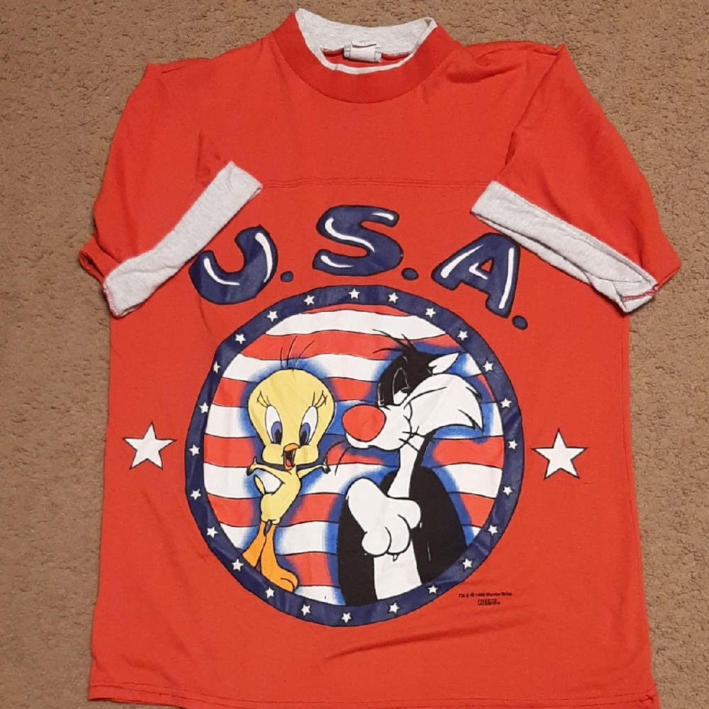 Warner Bros. Red Tee with Tweety and Sylvester Graphic Vintage 1995